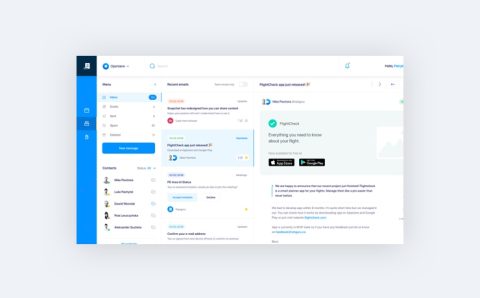 A clean, modern email client interface with a blue sidebar menu, a list of contacts, a main inbox showing recent emails, and a message preview pane highlighting an email about a new app release.