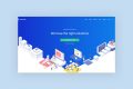 A website homepage with a blue gradient background, white text that says We have the right solutions, a green button, and various isometric illustrations of people working with technology and graphs.