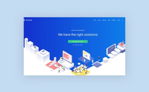 A website homepage with a blue gradient background, white text that says We have the right solutions, a green button, and various isometric illustrations of people working with technology and graphs.