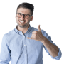 A smiling man wearing glasses and a light blue button-up shirt makes a call me gesture with his right hand, as if inviting you to connect with hot 102.7, holding his thumb and pinkie finger out while the other fingers are folded in.