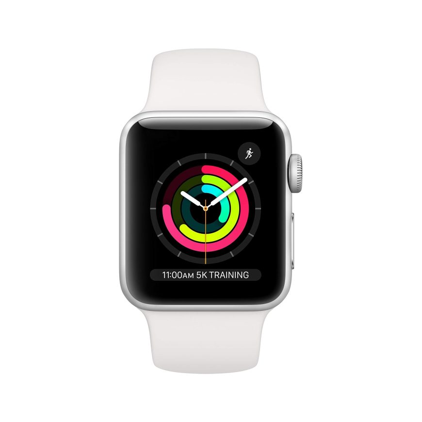 A silver Apple Watch with a white band displays colorful activity rings on its screen and a reminder for 11:00AM 5K TRAINING at the bottom. The watch face also shows the current time.
