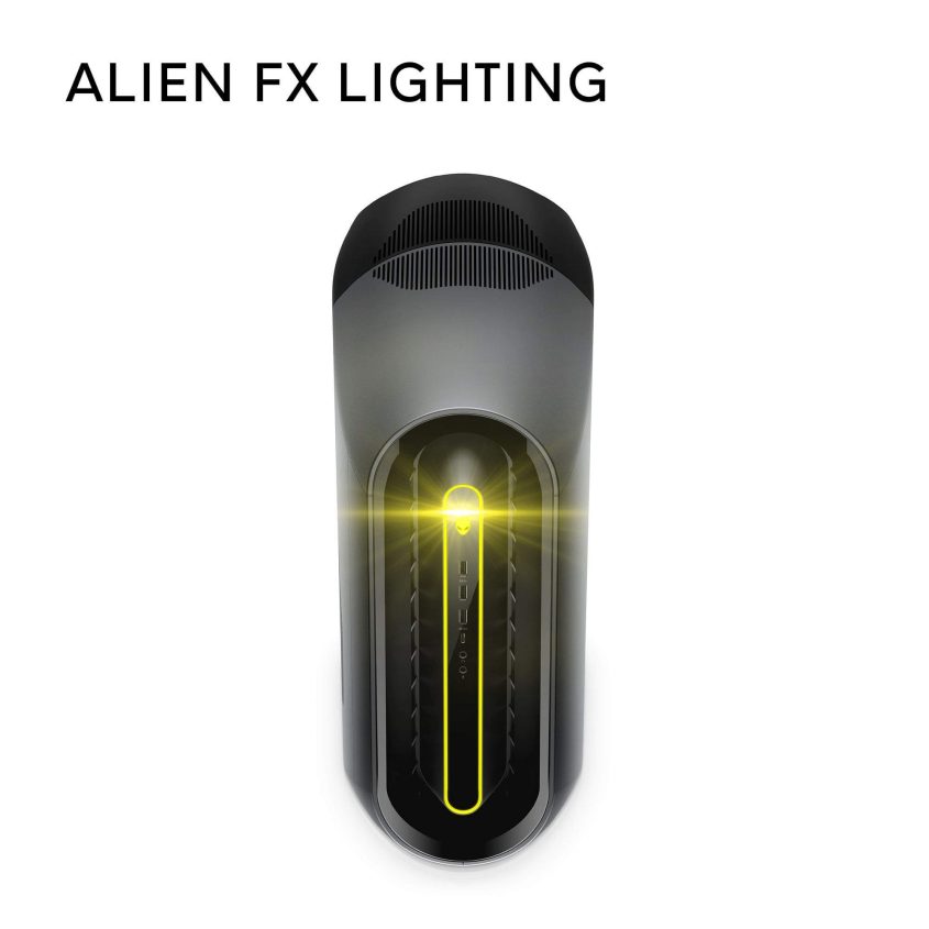 A black, futuristic computer tower with a glowing vertical yellow light in the center, beneath the text ALIEN FX LIGHTING on a white background.