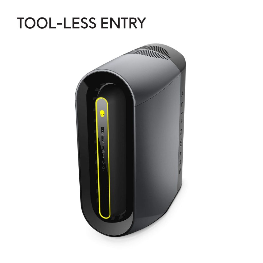 A sleek black Alienware desktop computer tower with a yellow-lit front panel is shown on a white background. The text TOOL-LESS ENTRY appears in the top left corner.