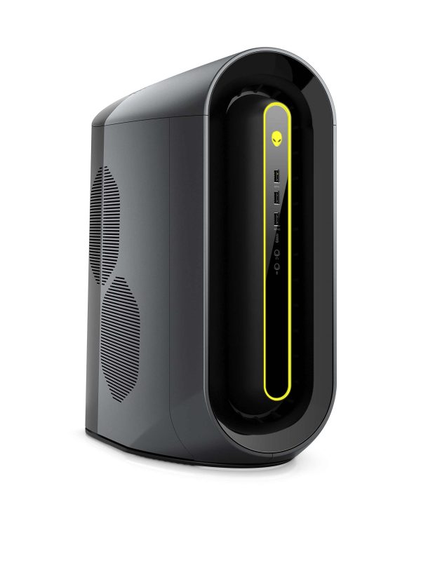 A sleek, black Alienware gaming desktop computer with curved edges, front USB ports, and a yellow LED light ring surrounding the front panel.