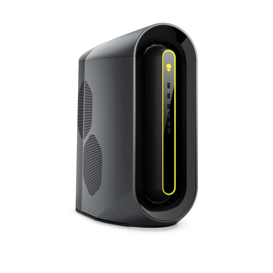 A sleek, black Alienware gaming desktop computer with curved edges, front USB ports, and a yellow LED light ring surrounding the front panel.