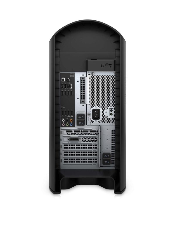 Rear view of a black desktop computer tower showing multiple ports, cooling vents, power supply socket, and expansion slots on a white background.