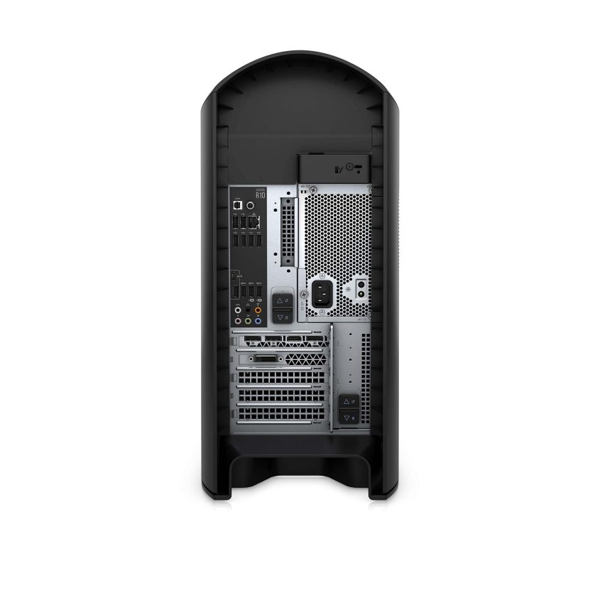 Rear view of a black desktop computer tower showing multiple ports, cooling vents, power supply socket, and expansion slots on a white background.