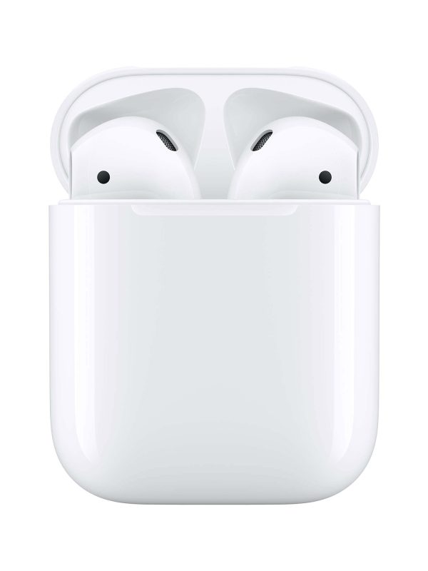 A pair of white wireless earbuds in an open white charging case, displayed on a plain white background.