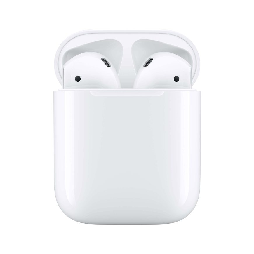 A pair of white wireless earbuds in an open white charging case, displayed on a plain white background.