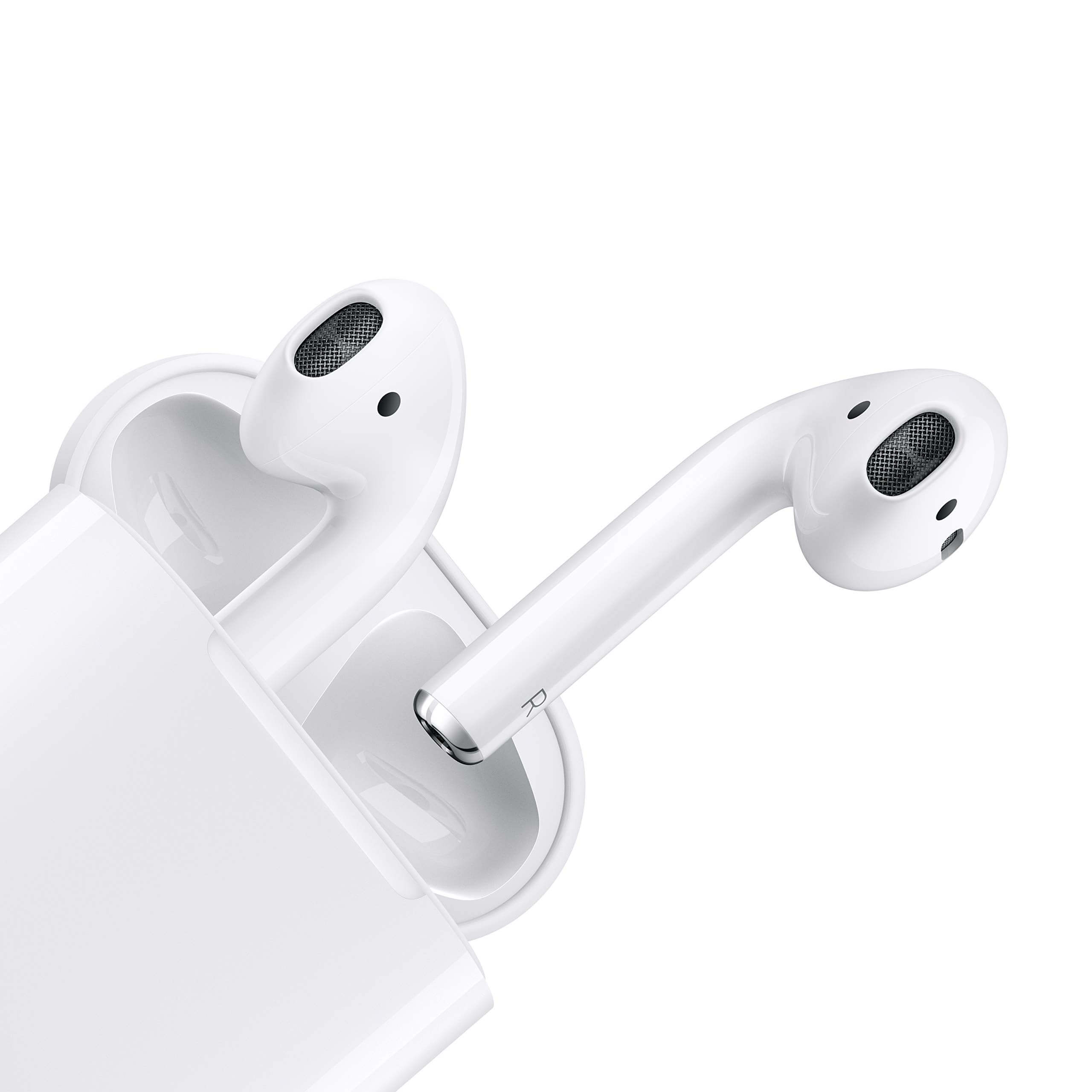 A close-up of white wireless earbuds, partially removed from their charging case, showcasing the sleek and modern design.