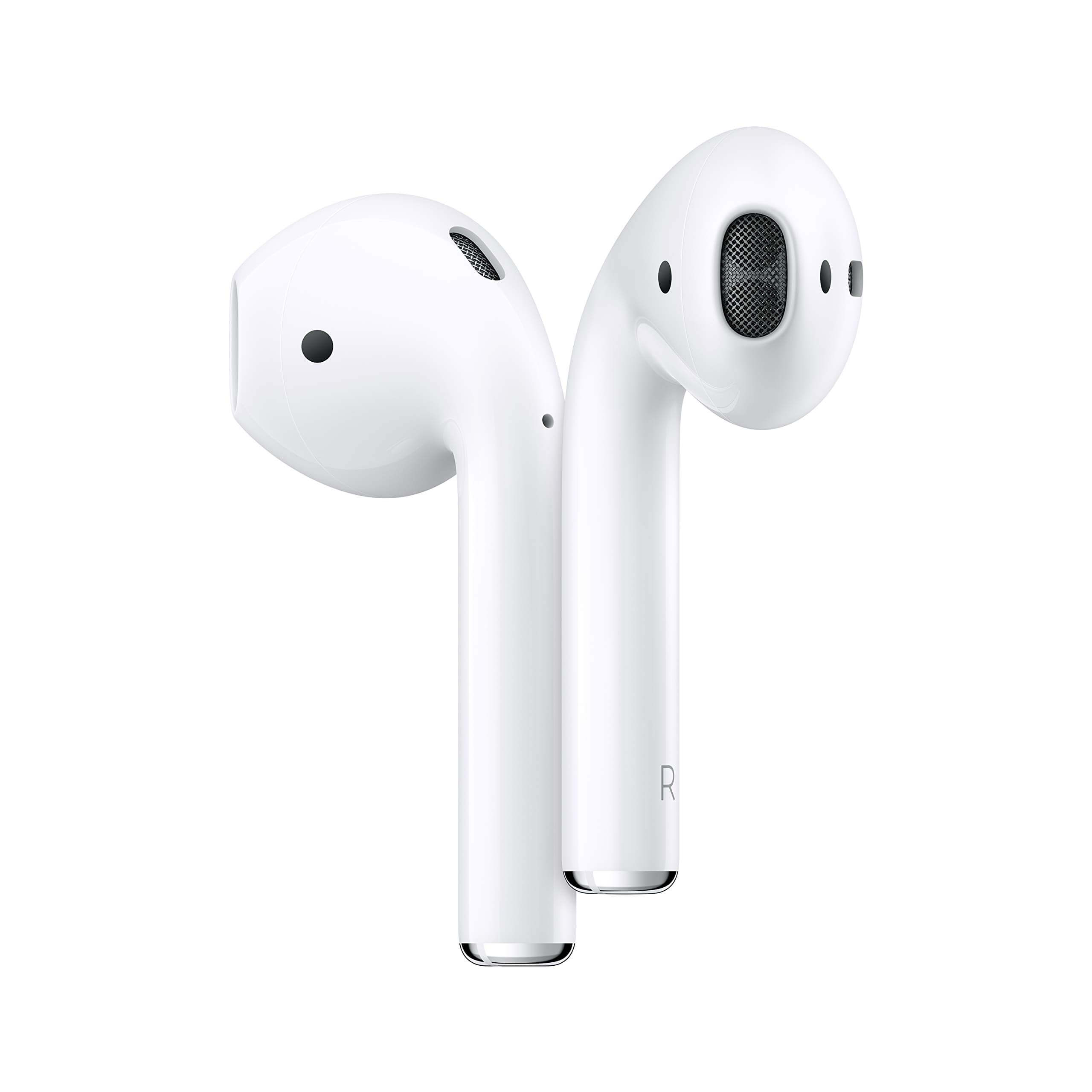 Two white wireless earbuds with a sleek, minimalist design, featuring black speaker grills and sensors. The earbuds are positioned upright against a plain white background.