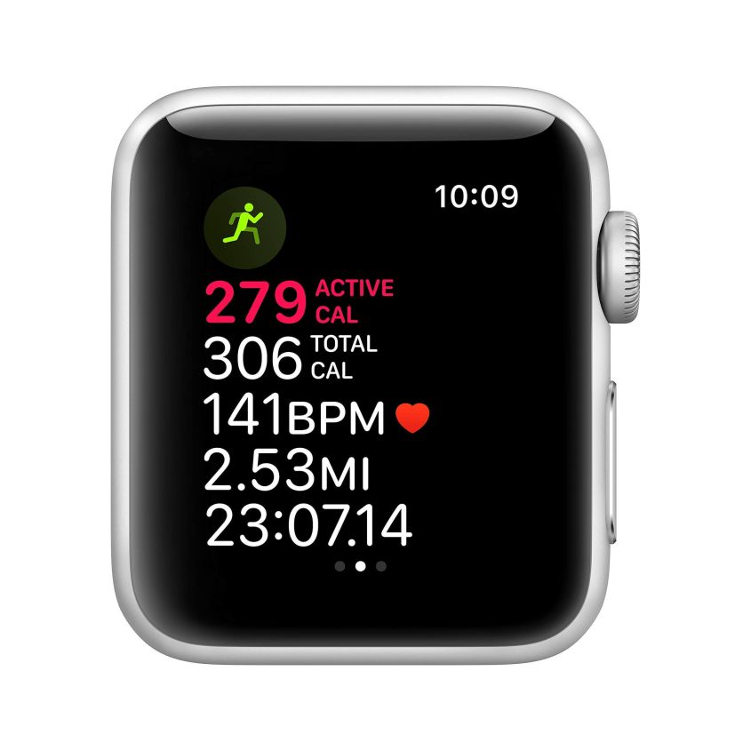 A smartwatch displays fitness stats: 279 active calories, 306 total calories, 141 BPM heart rate, 2.53 miles distance, and 23:07.14 elapsed time. The time in the top right corner is 10:09.