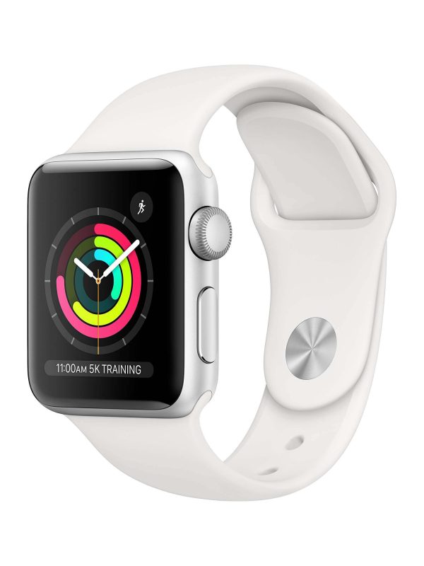 A white smartwatch with a rectangular touchscreen display showing colorful activity rings, a silver case, and a matching white sport band on a plain white background.
