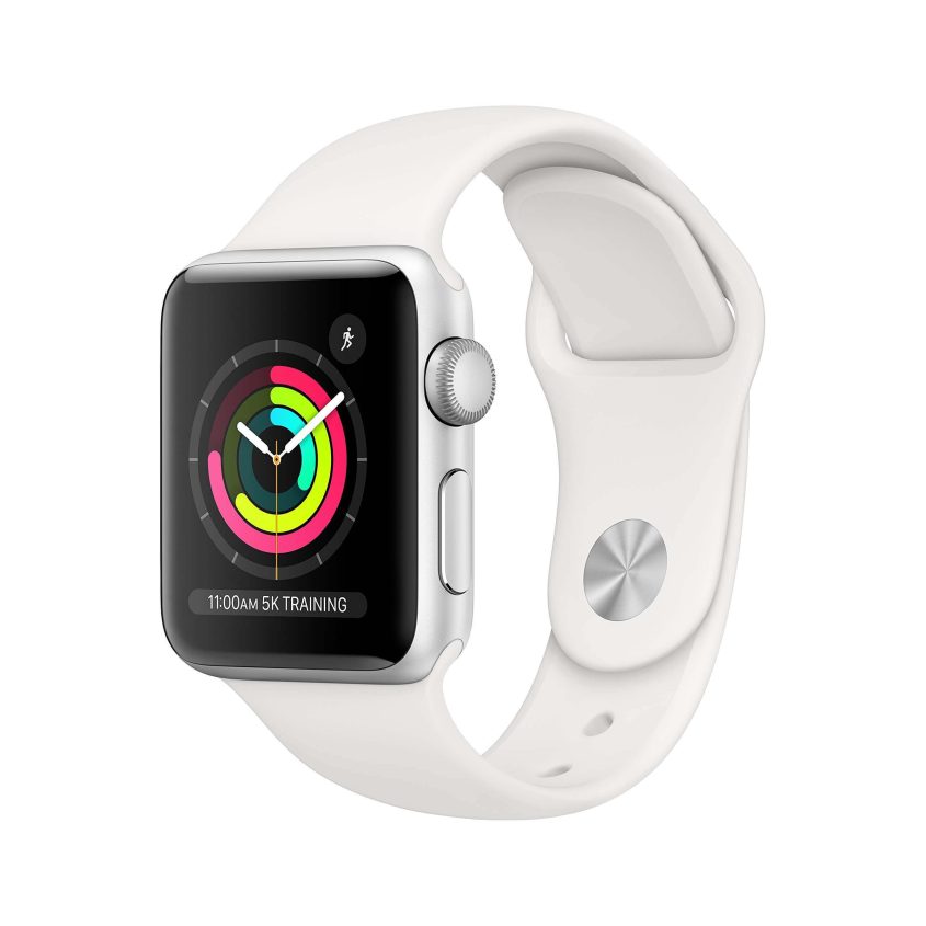 A white smartwatch with a rectangular touchscreen display showing colorful activity rings, a silver case, and a matching white sport band on a plain white background.