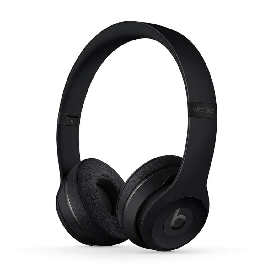 Matte black wireless over-ear headphones with cushioned ear pads and a sleek, minimalist design featuring the Beats logo on the ear cups.