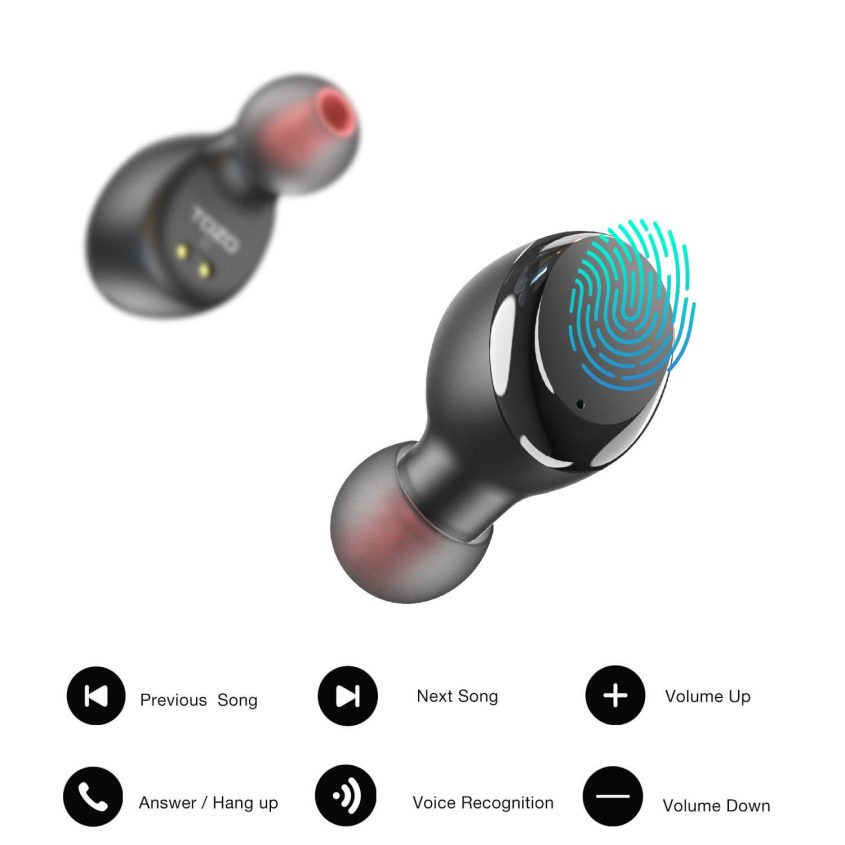A black wireless earbud with a glowing blue fingerprint icon on its touchpad, shown with icons below indicating touch controls for music, volume, answering calls, and voice recognition.