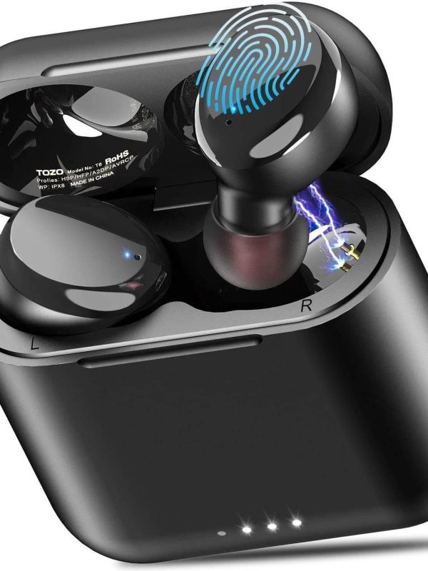 A pair of black wireless earbuds in a charging case, with one earbud showing a blue fingerprint icon and a lightning effect, indicating touch control and charging features.