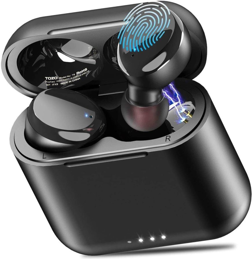 A pair of black wireless earbuds in a charging case, with one earbud showing a blue fingerprint icon and a lightning effect, indicating touch control and charging features.