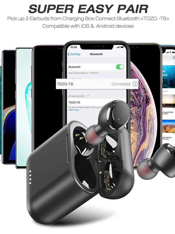 A row of smartphones displays a Bluetooth pairing screen for TOZO-T6 wireless earbuds, with the earbuds and their open charging case in the foreground. Text above describes the easy pairing process for iOS and Android devices.