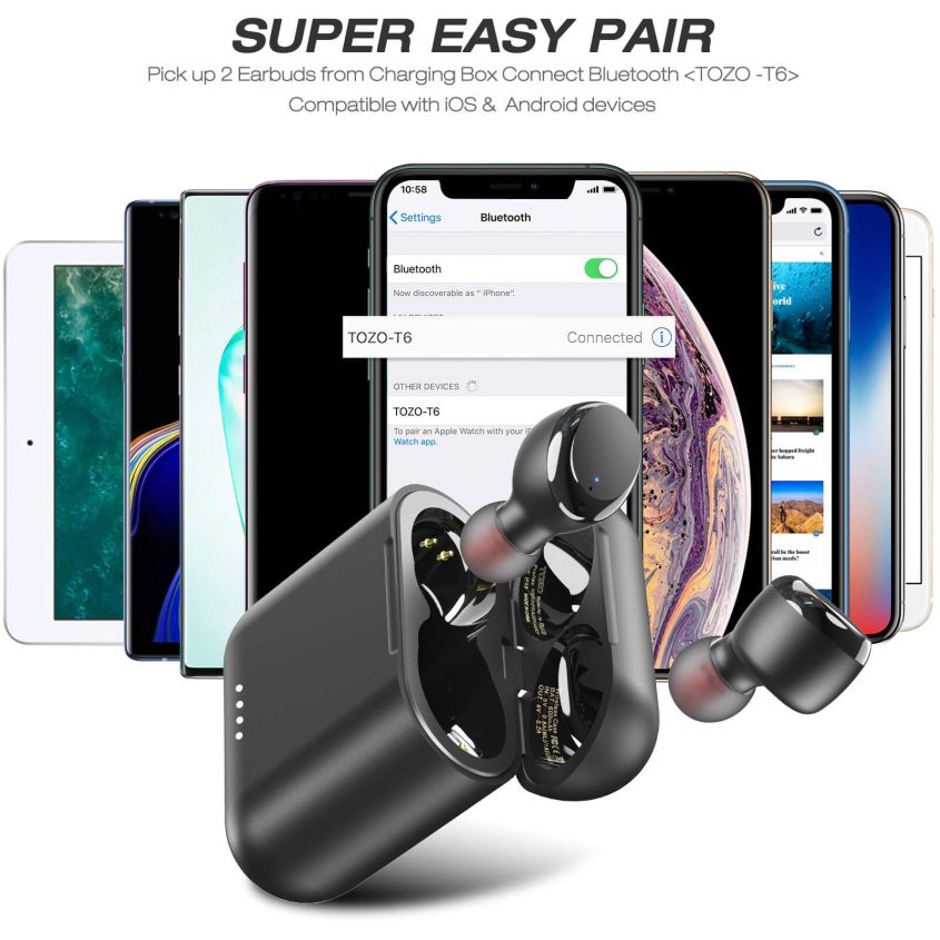 A row of smartphones displays a Bluetooth pairing screen for TOZO-T6 wireless earbuds, with the earbuds and their open charging case in the foreground. Text above describes the easy pairing process for iOS and Android devices.