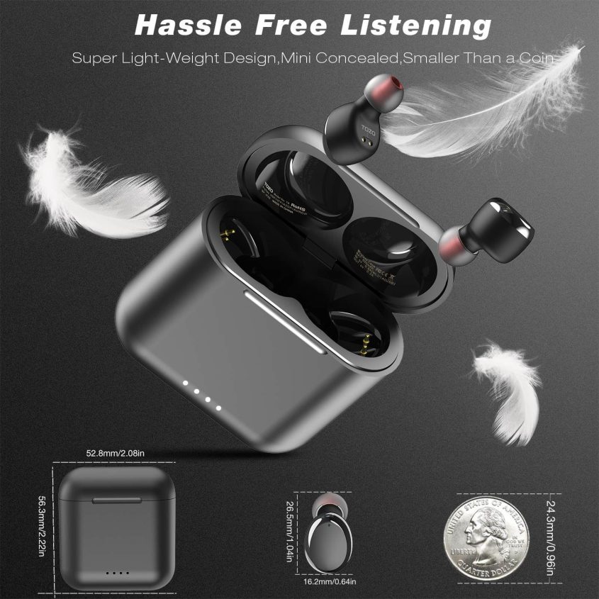 A pair of wireless earbuds in an open charging case, surrounded by floating feathers and a U.S. quarter to show size comparison. Text highlights the earbuds lightweight, compact design and dimensions.
