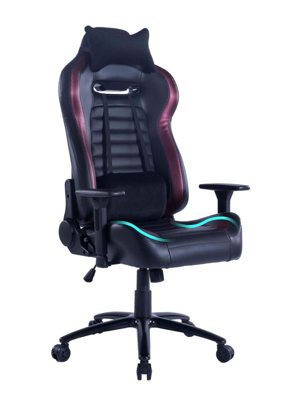 A black ergonomic gaming chair with red accents, adjustable armrests, a high backrest, headrest pillow, and lumbar support cushion, set on a five-wheel base against a white background.