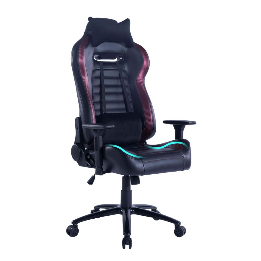 A black ergonomic gaming chair with red accents, adjustable armrests, a high backrest, headrest pillow, and lumbar support cushion, set on a five-wheel base against a white background.