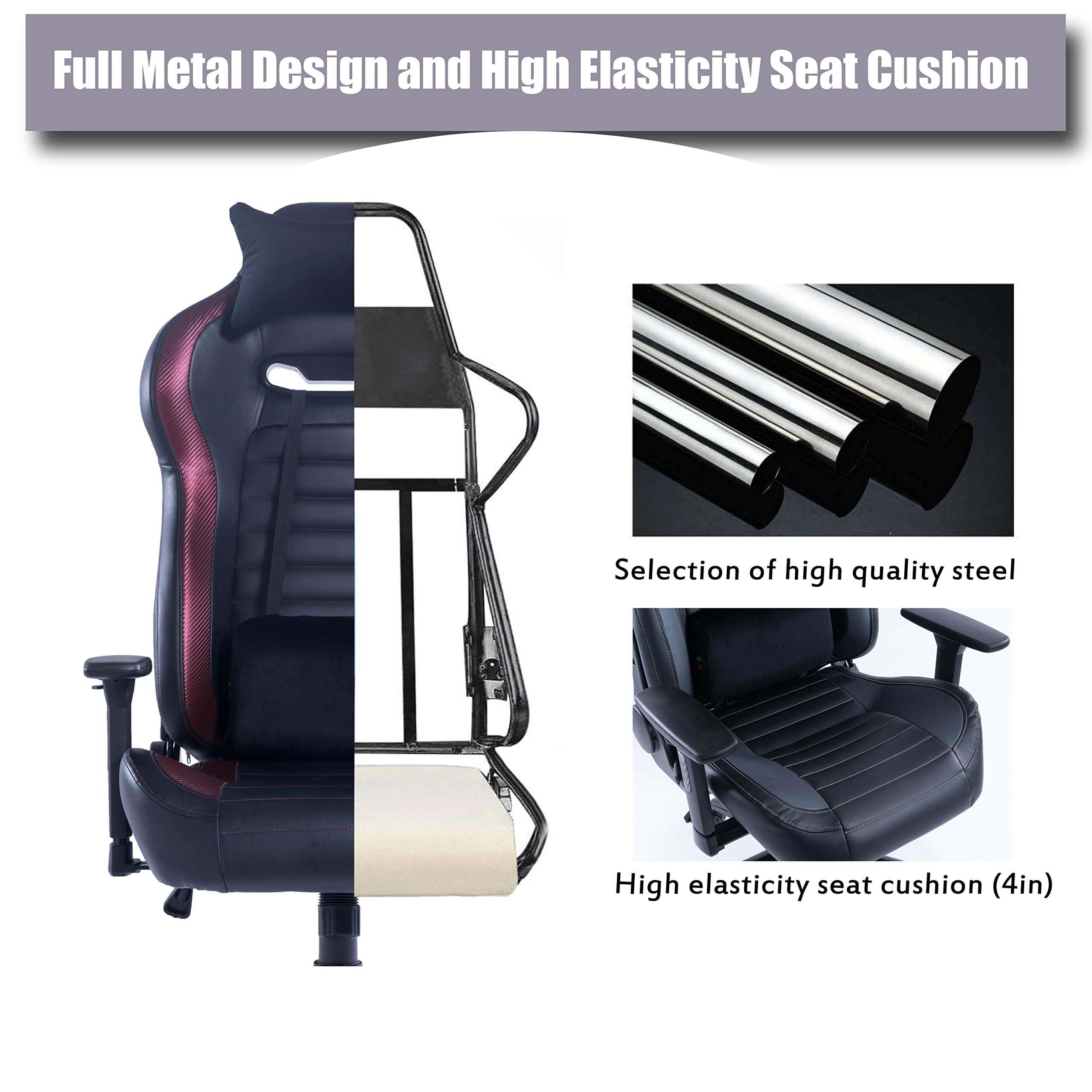 A gaming chair is shown cut in half to reveal its metal frame and thick seat cushion. Insets display steel tubes and a close-up of the cushioned seat. Text highlights the full metal design and high elasticity seat cushion.