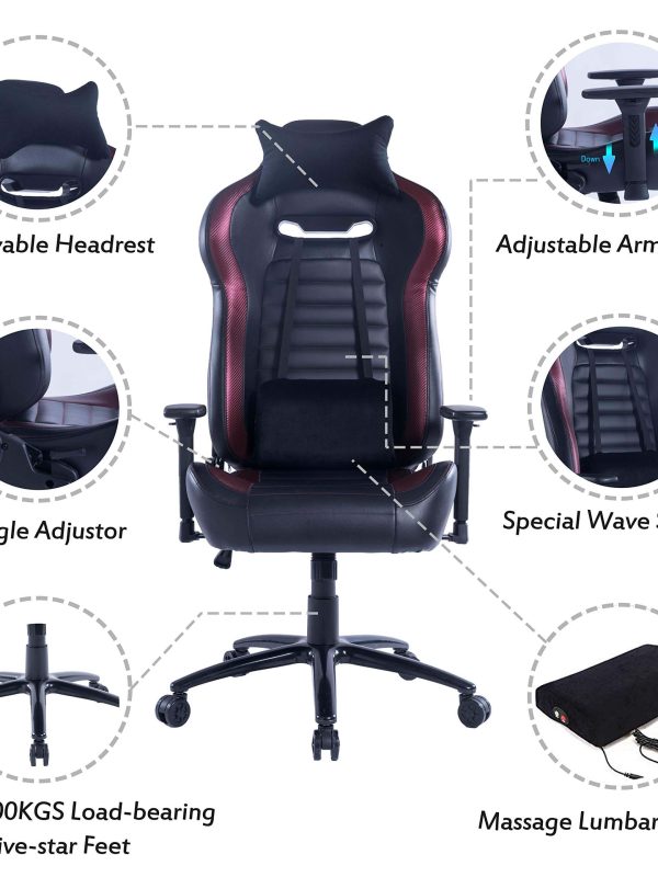 Front view of a black and red ergonomic chair with labeled features: removable headrest, adjustable armrest, angle adjustor, special wave support, heavy-duty base, and massage lumbar support.