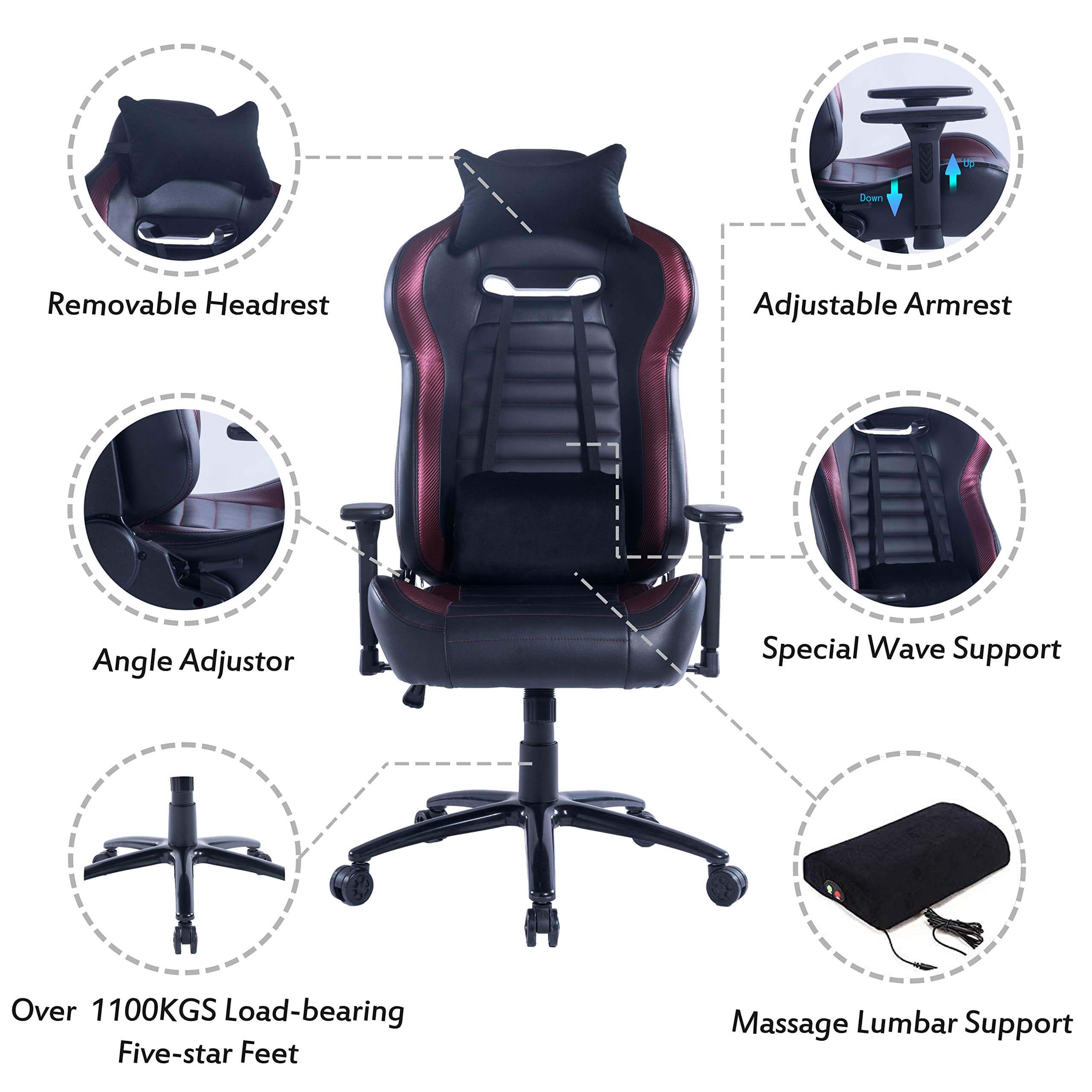 Front view of a black and red ergonomic chair with labeled features: removable headrest, adjustable armrest, angle adjustor, special wave support, heavy-duty base, and massage lumbar support.