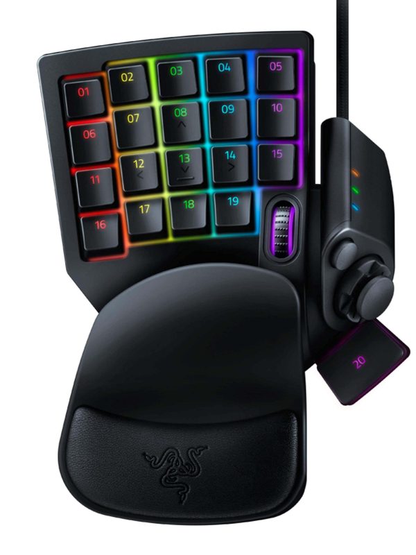A gaming keypad with 20 numbered, backlit RGB keys, a scroll wheel, and a thumb joystick. The keypad features a black wrist rest with the Razer logo and is connected by a cable.