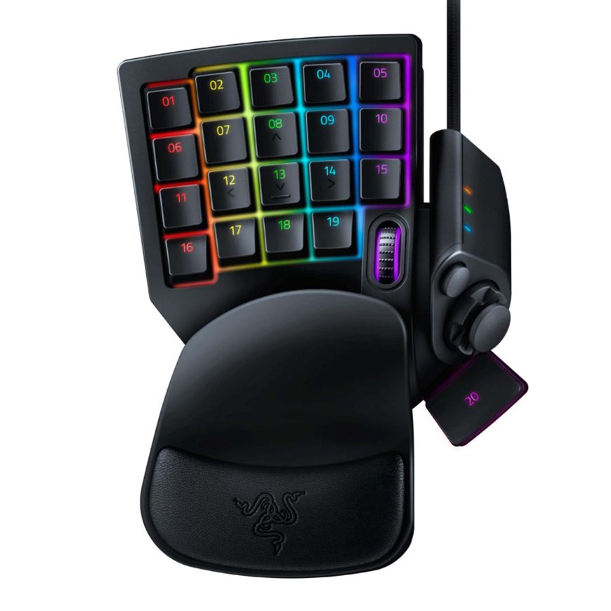 A gaming keypad with 20 numbered, backlit RGB keys, a scroll wheel, and a thumb joystick. The keypad features a black wrist rest with the Razer logo and is connected by a cable.