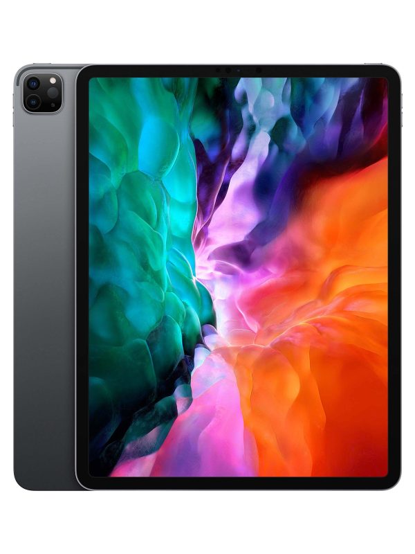 A tablet with a colorful, abstract display screen is shown, with the front facing forward and the back partially visible, featuring a camera in the top left corner.