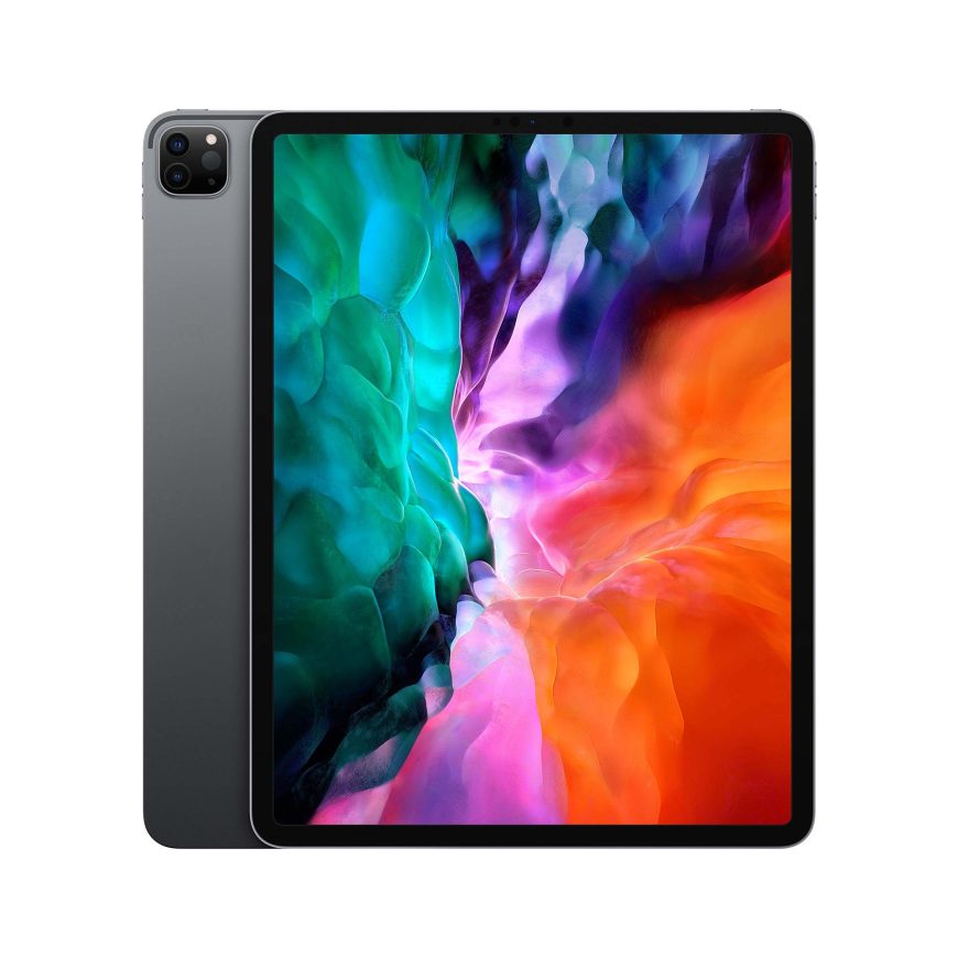 A tablet with a colorful, abstract display screen is shown, with the front facing forward and the back partially visible, featuring a camera in the top left corner.