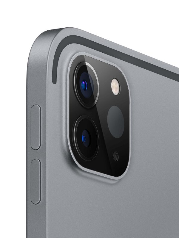 Close-up of the rear camera module on a silver tablet, showing two camera lenses, a flash, and a small sensor, with part of the devices sleek metallic edge and buttons visible.