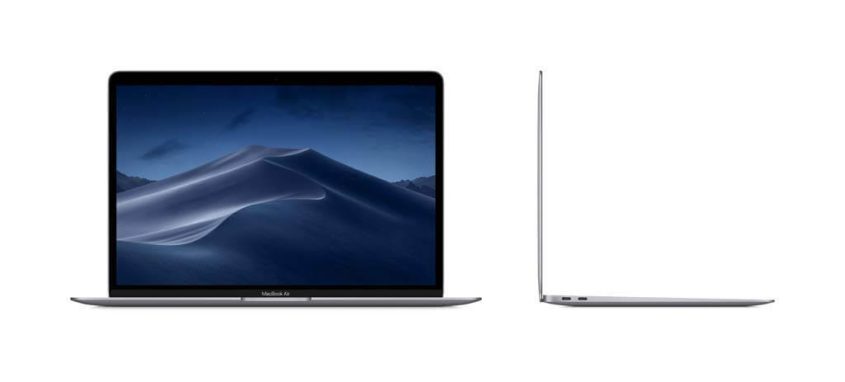 Front and side views of an open MacBook Air laptop, displaying a mountain landscape on the screen with a thin, silver design visible from the side.