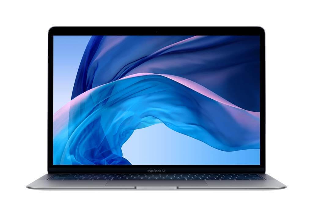 A silver MacBook Air laptop with a blue and purple abstract wave design displayed on the screen, shown against a white background.