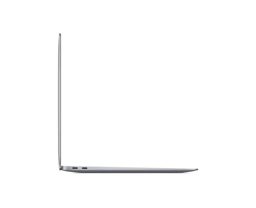 A thin silver laptop is open at a 90-degree angle, viewed from the side on a white background, showing its slim profile and two ports on the left edge.