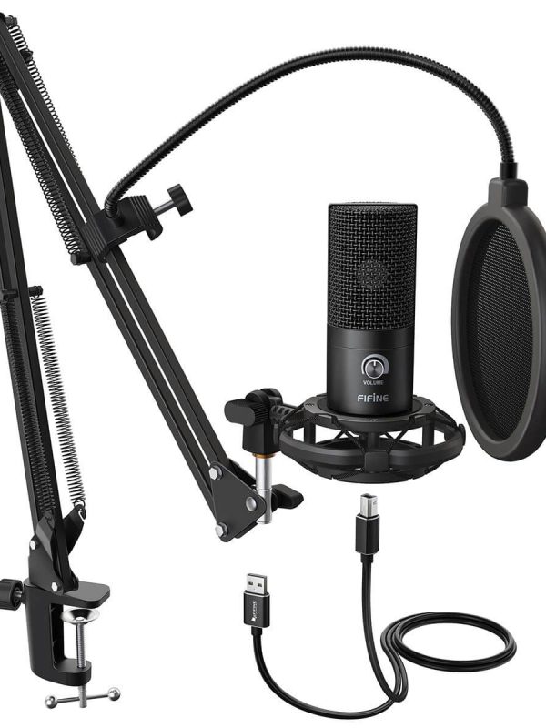 A black desktop microphone set with an adjustable arm, shock mount, USB cable, and a round pop filter attached, designed for professional audio recording or podcasting.