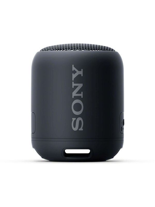 A compact, cylindrical black Sony portable Bluetooth speaker with the Sony logo printed vertically, shown on a plain white background.