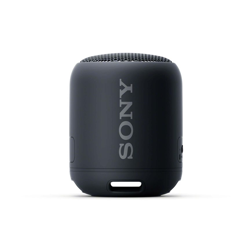 A compact, cylindrical black Sony portable Bluetooth speaker with the Sony logo printed vertically, shown on a plain white background.