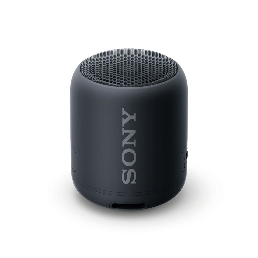 A compact, cylindrical black Sony portable Bluetooth speaker with a mesh top grille and the SONY logo printed vertically on its side, shown against a plain white background.