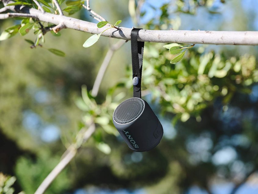 A small black Sony portable speaker hangs from a branch by its strap, surrounded by green leaves with a blurred outdoor background.