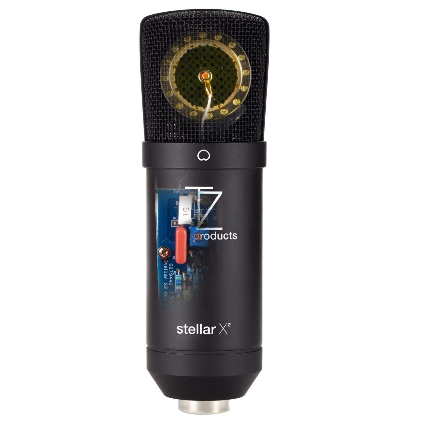A black Stellar X2 microphone with a visible gold capsule and a partially transparent side panel showing internal electronics, featuring the T7 products branding on the front.