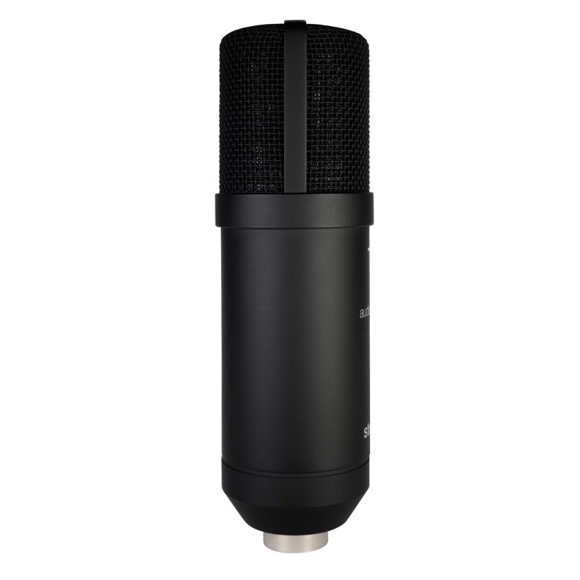 A black studio condenser microphone with a cylindrical body and a mesh grille, shown upright against a white background.