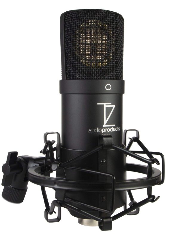 A black studio condenser microphone with a shock mount and mesh grille, labeled audio products, on a white background.