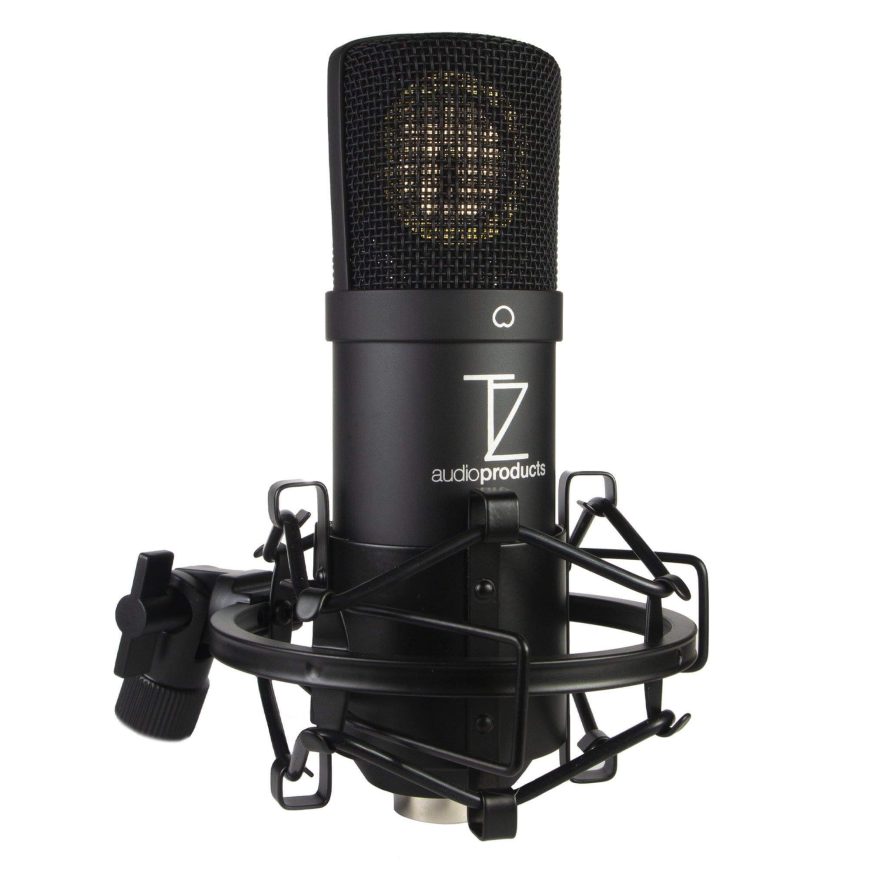 A black studio condenser microphone with a shock mount and mesh grille, labeled audio products, on a white background.