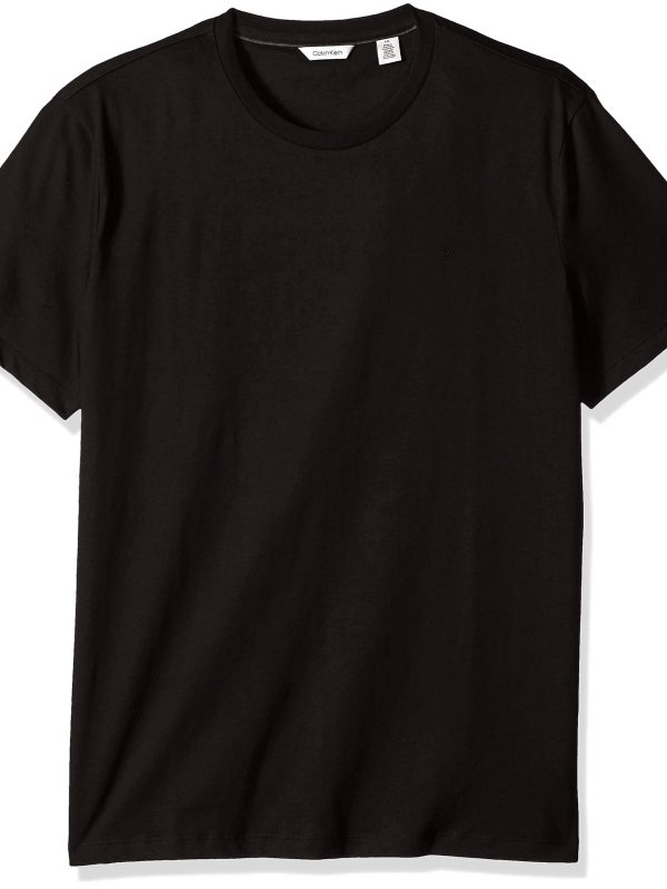 A plain black short-sleeve crew neck t-shirt is laid flat on a white background.