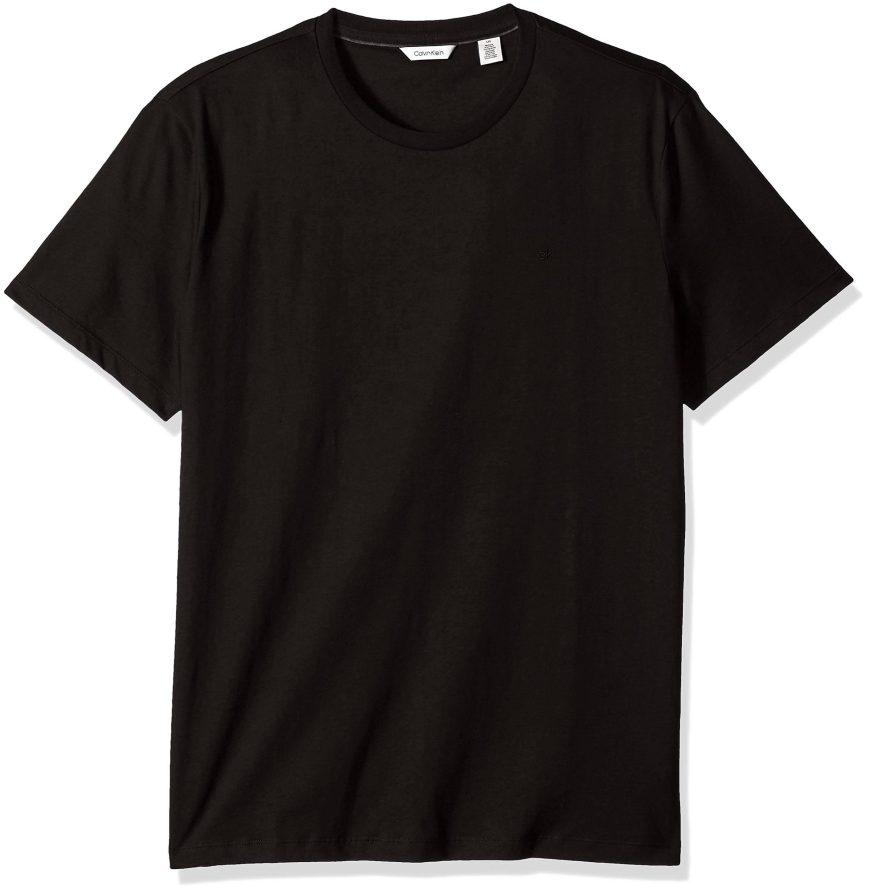 A plain black short-sleeve crew neck t-shirt is laid flat on a white background.