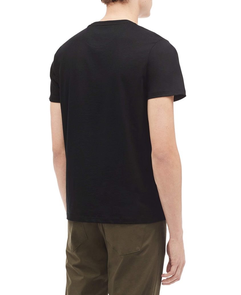 A person wearing a plain black short-sleeve t-shirt and olive-green pants is shown from the back against a white background.